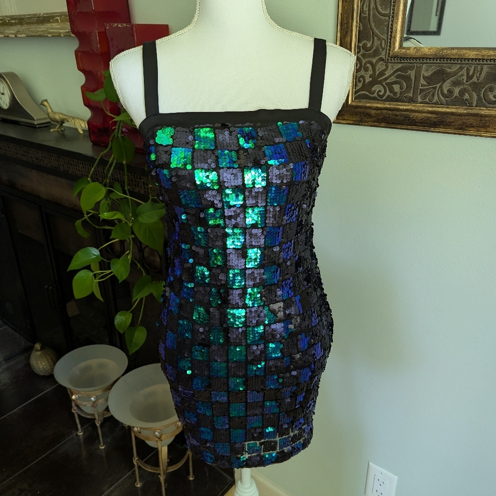 Starlette Size Small Sequin Iridescent Checkerboard Black Green Go-Go Dress